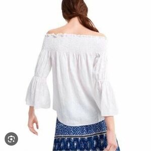 Zara 100% Linen White Off Shoulder Shirred Bell Sleeve Blouse Top Small Crop